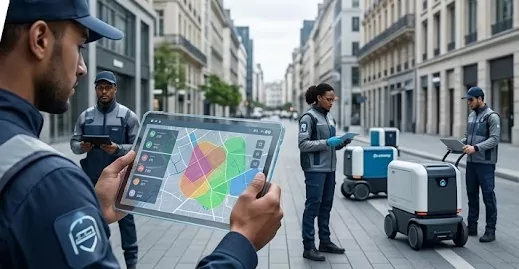 Agents de distribution et carte des zones Agent consultant une tablette avec la carte des zones à couvrir en ville