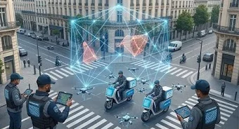 Agents et drones pour une opération de guerilla marketing Équipe de distributeurs avec tablettes, scooters et réseau de ciblage lumineux dans une rue de Paris