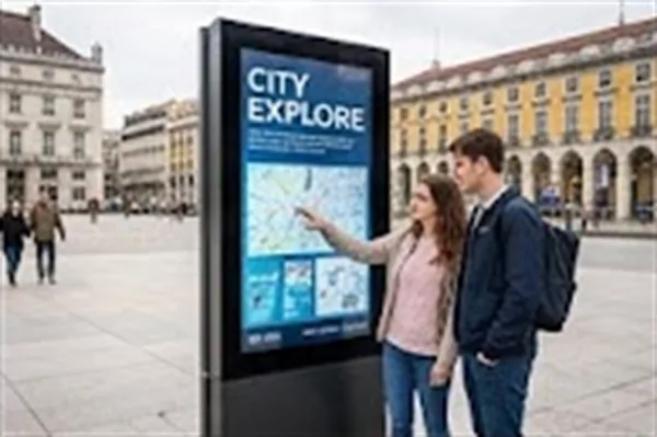 Borne interactive Digi’Street en ville Borne tactile d’information urbaine utilisée par des passants pour une campagne digitale de street marketing