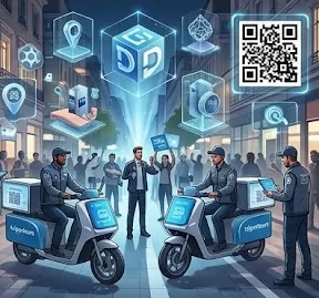 Création d’activation avec QR code et scooters Distributeurs en scooter et visuels QR code lors d’une activation urbaine