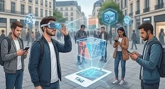 Digi’Street : réalité augmentée et QR code en ville Passants utilisant un casque de réalité augmentée et des smartphones devant un cube interactif