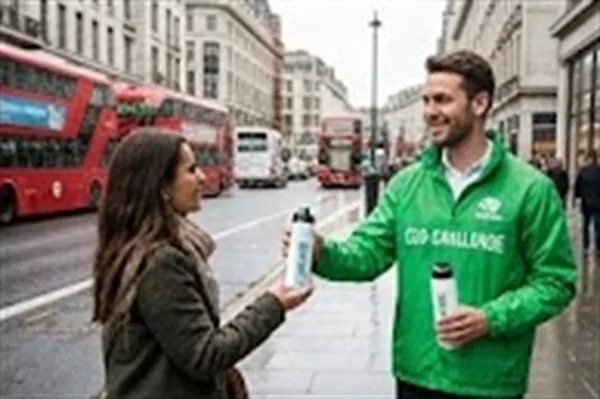 Hôtesse de street marketing remettant un échantillon de boisson à un passant en centre-ville