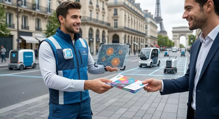 Distribution de flyers en main propre à Paris Distributeur en gilet bleu remettant un flyer à un passant dans une rue de Paris