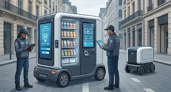 Échantillonnage et borne de distribution de produits Agent près d’une borne mobile de distribution d’échantillons et d’un petit robot de livraison