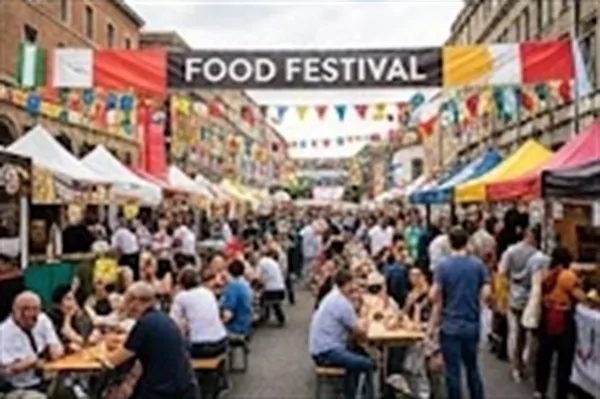 Festival gastronomique et distribution événementielle Rue animée par un festival gastronomique avec stands et banderoles colorées