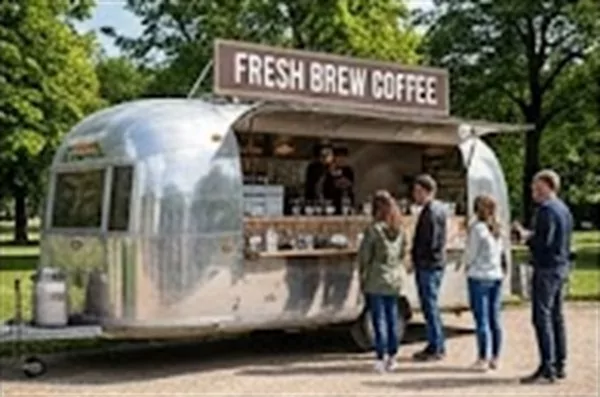 Food truck roadshow de marque Food truck vintage en roadshow dans un parc avec visiteurs lors d’une activation de marque