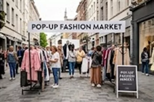 Marché de mode pop-up et dépôt en commerces Marché de mode éphémère dans une rue commerçante avec portants de vêtements