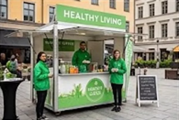 Stand bien-être et échantillonnage de produits Stand bien-être avec hôtesses distribuant des échantillons de produits dans la rue