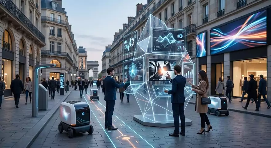 Activation street marketing en centre-ville Installation lumineuse interactive et passants dans une rue commerçante de Paris